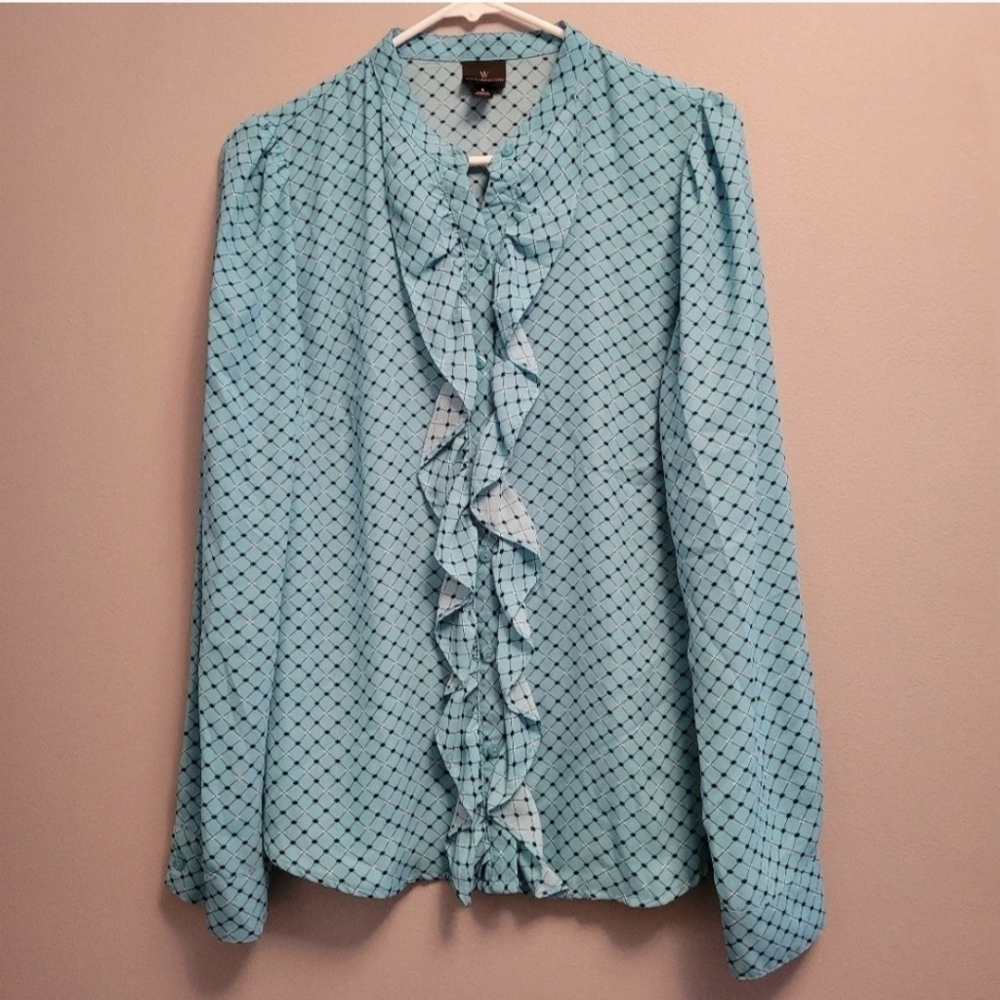 Worthington Polka Dot Ruffle Blouse Large Coquette Office Chic Blue Top - Picture 2 of 6